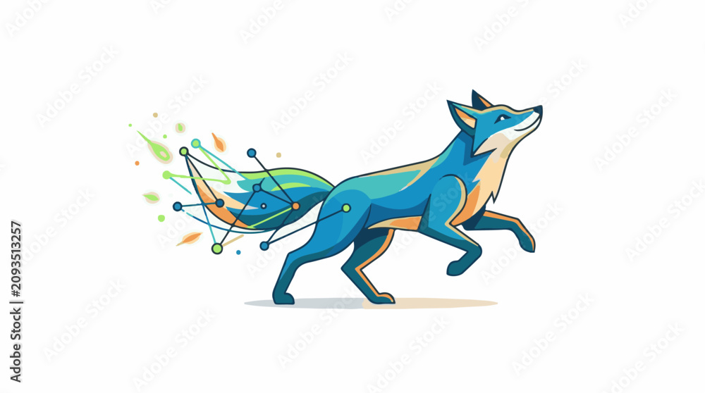Fototapeta premium Blue stylized fox leaps forward with a digital network tail