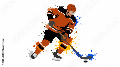 Photography Dynamic Hockey Player in Action with Orange and Black Uniform, Splatter Effect i
