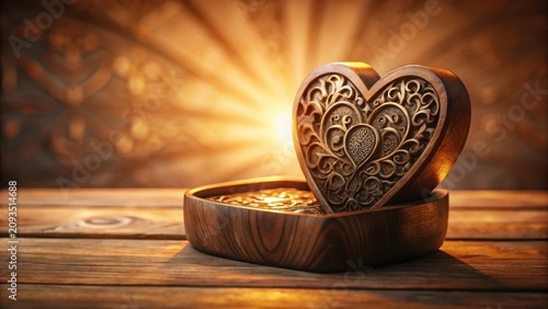 Intricate Wooden Heart-Shaped Box on Rustic Wooden Surface, Illuminated by Warm Golden Light
