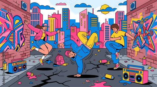 Cuadro en lienzo Energetic Hip Hop Street Dance illustration with Graffiti, Boombox, and City Sky