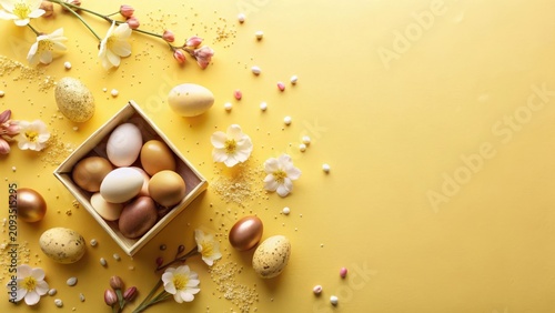 Pastel-colored eggs nestled in a wooden crate, adorned with delicate blossoms and shimmering sprinkles, create a spring-themed arrangement on a soft yellow background