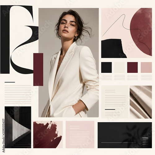 Fashion mood board with stylish woman in white blazer