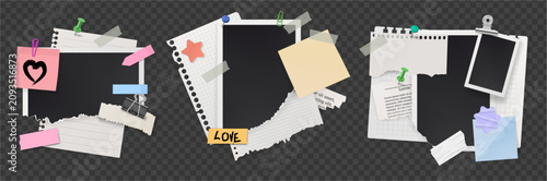 Scrapbook photo arrangement with paper notes and decorative attachments. Handcrafted snapshot with rips and pins. Vector memory projects, editorial design and celebration themes