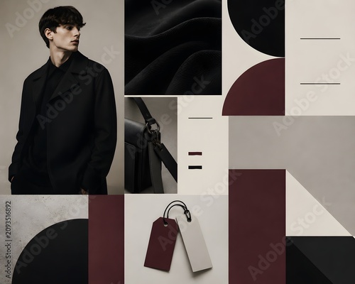 Fashion mood board with young man black coat and accessories