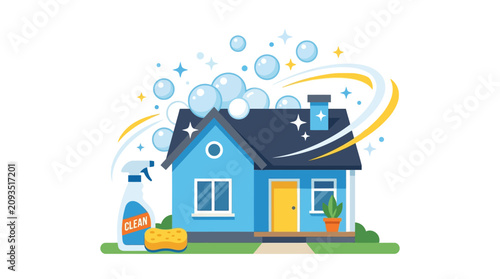 Fotografie A blue house with cleaning supplies.