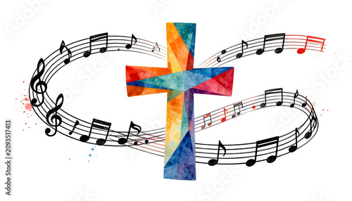 Spiritual gospel music concept with rainbow cross and sheet music