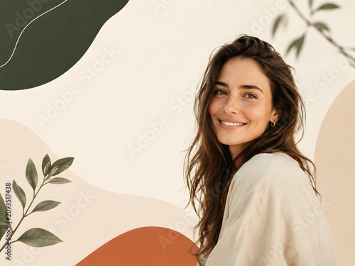 Portrait of a beautiful woman with abstract organic shapes background