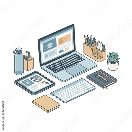 Office workspace, desk accessories, laptop, tablet, modern minimalistic setup isolated on White Background Back To School, Editable EPS