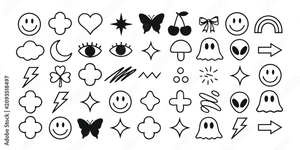 Obraz premium Minimalist hand drawn doodle elements collection with various cute icons like ghosts smiley faces and sparkles for digital art