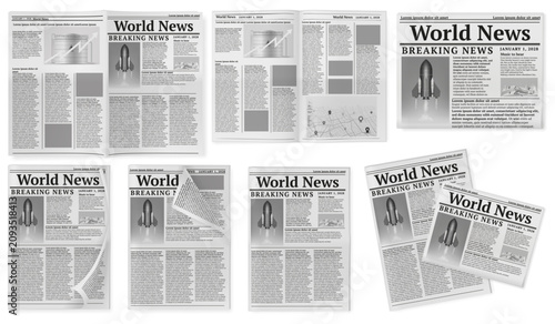 Photos Newspaper with folded and unfolded editions with authentic newsprint texture and detailed page layouts