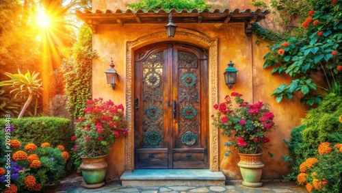 Sunlit Entrance to a Mediterranean-Style Home with Ornate Wooden Door and Vibrant Flower Pots