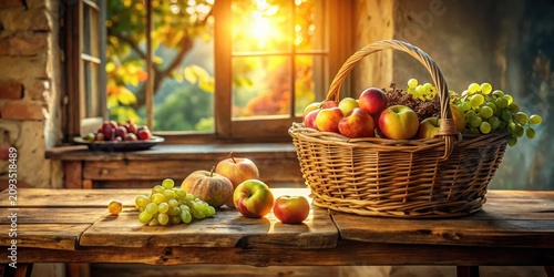 A rustic wooden table holds a wicker basket overflowing with ripe apples and green grapes, bathed in the warm glow of a sunlit window, a still life of autumnal harvest bounty.
