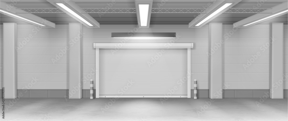 Obraz premium Warehouse interior with rollup gates and structural columns. Storage facility with overhead lighting and industrial architecture. Vector distribution hubs and service depots. Environment for logistics