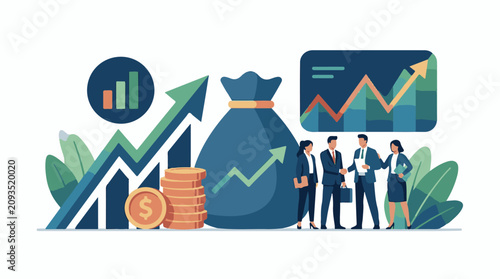 Business team celebrates financial growth with money bag and charts