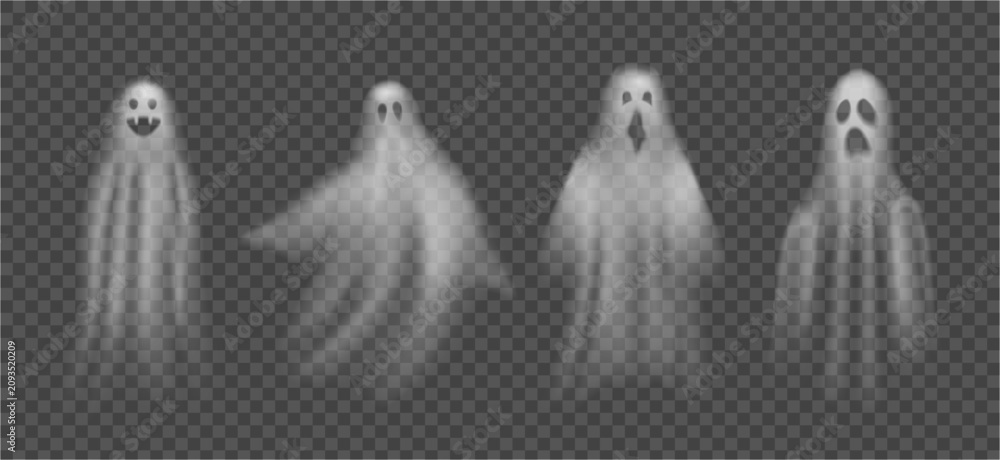 Obraz premium Scary Halloween ghosts, isolated evil poltergeists. Vector transparent ghoul or spirit monsters silhouettes with spooky faces. Horror holiday, flying phantoms or nightmare shadows foggy figures