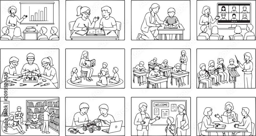 Obraz premium Classroom interior line art vector set