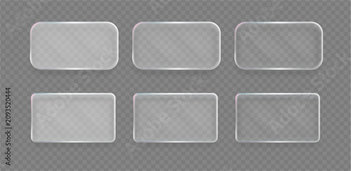 Glass liquid frame with light effect in realistic style. Vector set of transparent rectangular surfaces with different type of edges. Product display and announcement. Modern technology visuals