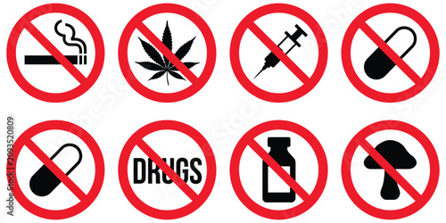 Photos Drug Prohibition Pictogram Vector Icons Featuring No Smoking, No Alcohol, No Pills Warning Symbols for Public Health and Safety Signage