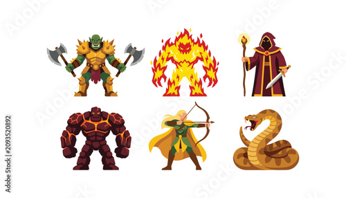 Foto Fantasy game character vector set featuring orc warrior fire elemental dark mage