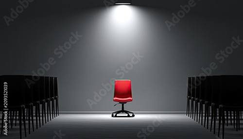 Single red chair spotlighted center, flanked by dark rows of chairs