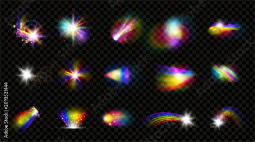 Light rainbow effect. Shimmering reflections with sparkling particles and soft iridescent highlights. Vector optical refractions collection, glowing flares and luminous prism reflections