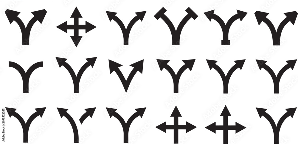Fototapeta premium Road arrows vector icon set featuring isolated directional symbols, traffic guidance graphics, route navigation elements, roadway markings, and transportation illustrations for GPS systems, 