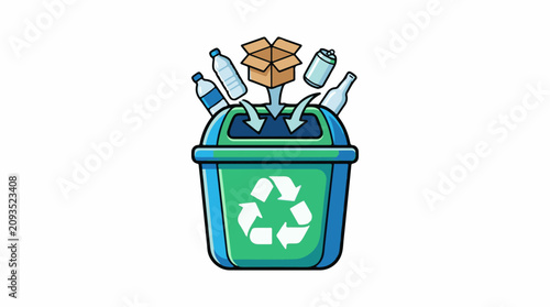 Cartoon recycling bin with bottles and box being deposited