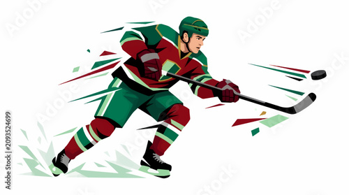 Canvas Print Dynamic Flat Vector Illustration of a Hockey Player in Action, Skating with Puck