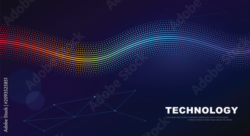 Abstract business technology digital background banner featuring wavy dotted line of multicolored dots mesh glowing gradient vector illustration layout design