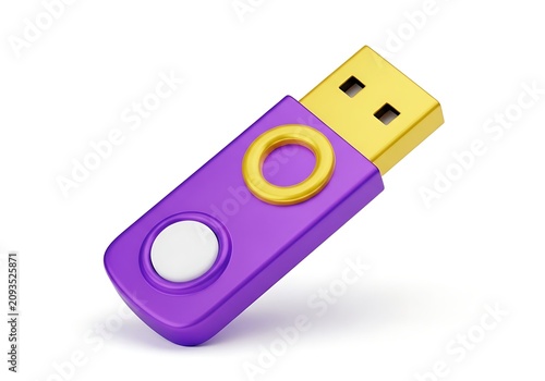 Modern Purple USB Flash Drive with Yellow Connector Isolated on White Background for Digital Data Storage and Portable File Transfer