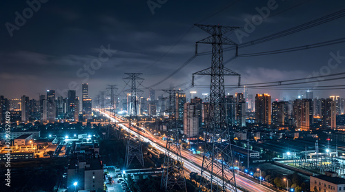 Electric Power Grid Infrastructure at Night in Metropolitan City