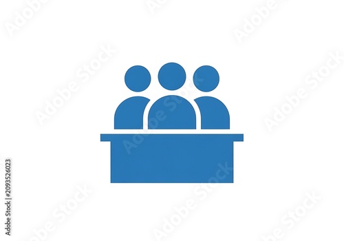 Blue icon representing a group of three people seated together at a professional meeting desk for business collaboration and corporate teamwork concepts