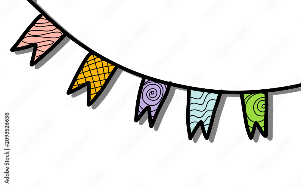 Obraz premium Party Bunting Flags Garland Decoration Cartoon Banner Illustration full colour handrawn Doodle art