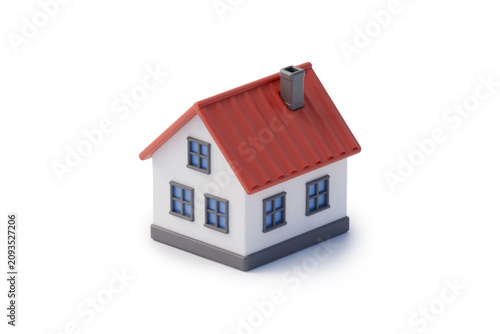 Small Residential House Illustration with Red Roof, Chimney, and Blue Windows