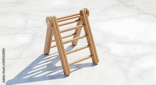 Wooden A-frame climbing ladder for children on white marble floor with bright shadows