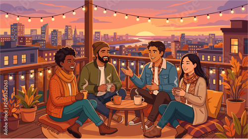 Diverse group of friends enjoying a rooftop sunset gathering with light jackets and warm drinks during early autumn, social lifestyle concept, vibrant 2D flat vector illustration