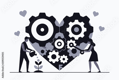 Silhouette style illustration of a man and a woman working together to repair gears inside a giant heart shape.