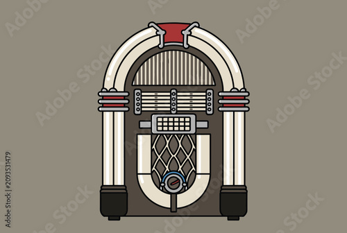 Colorful vector illustration of a retro 1950s style jukebox with neon lighting isolated on a solid background.