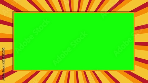 Warm Orange Retro Sunburst Animation with Green Screen Window. Pop Art Chroma Key Frame in 4K