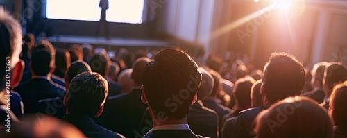 Diverse audience at a presentation, bathed in warm spotlight