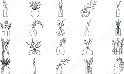 Obraz na płótnie Decorative Plant Vases Line Art Vector Set with Glass Bottles Botanical Arrangem