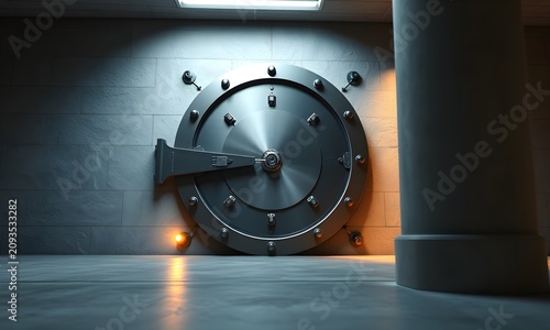 A large circular steel bank vault door is set into a gray stone wall in a dark room.