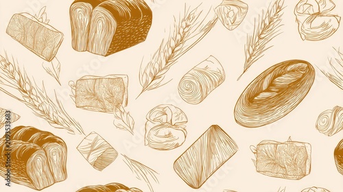 seamless pattern of bread loaves, wheat ears and butter curls