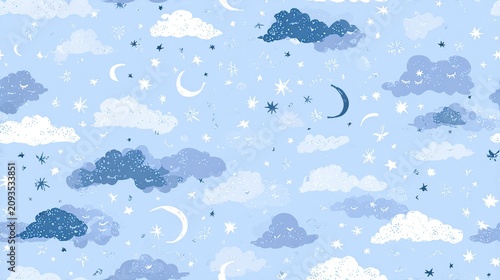 seamless pattern of sleep masks, moons, stars and soft clouds