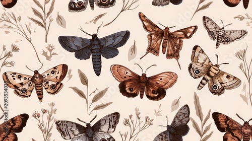 seamless repeating pattern of butterflies and moths with botanical elements