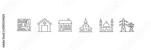 Community infrastructure icon set representing municipal buildings religious places power utilities vector linear illustration.