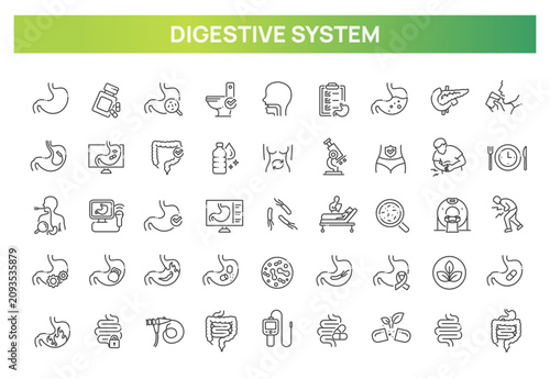 Digestive System Icons Set. Gastroenterology, Stomach, Intestine, Medical Line Icons