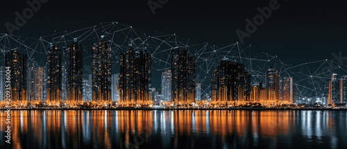 Modern cityscape at night with glowing orange lights and network connections