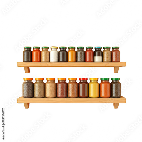 Assorted spices and herbs in glass jars on wooden shelves