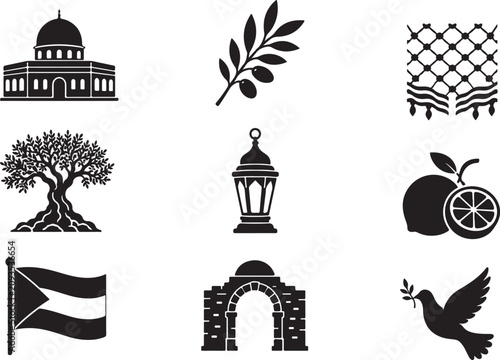 Palestine cultural icon set. Middle East symbols and landmarks. Traditional heritage vector graphics.
